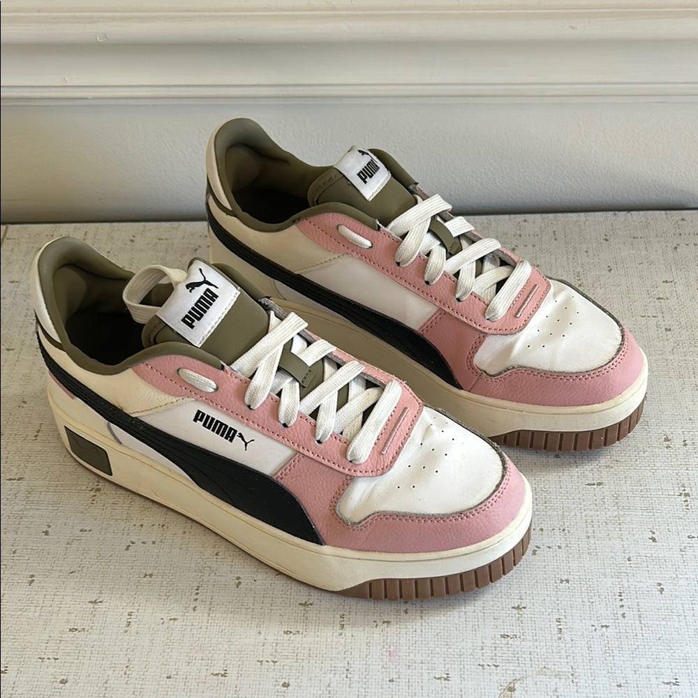 Puma Carina Street Shoes in Pink, White, and Black with Olive Accents
